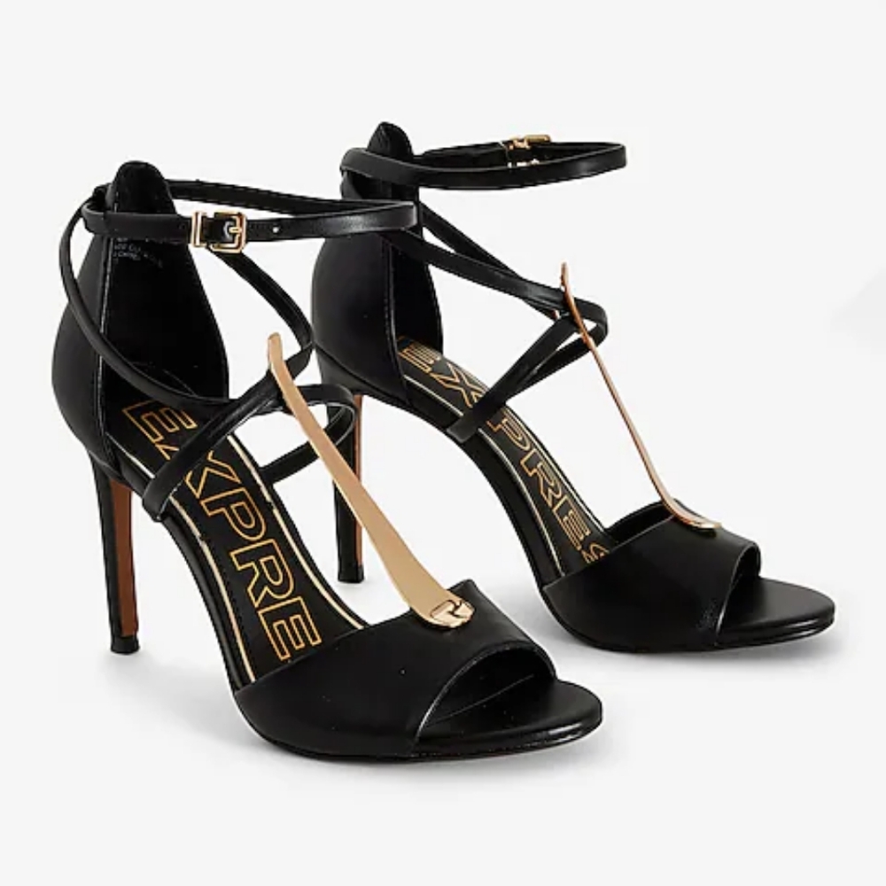 Women's Brian Atwood X Express Gold Bar Wrap Around Heeled Sandals Size 9